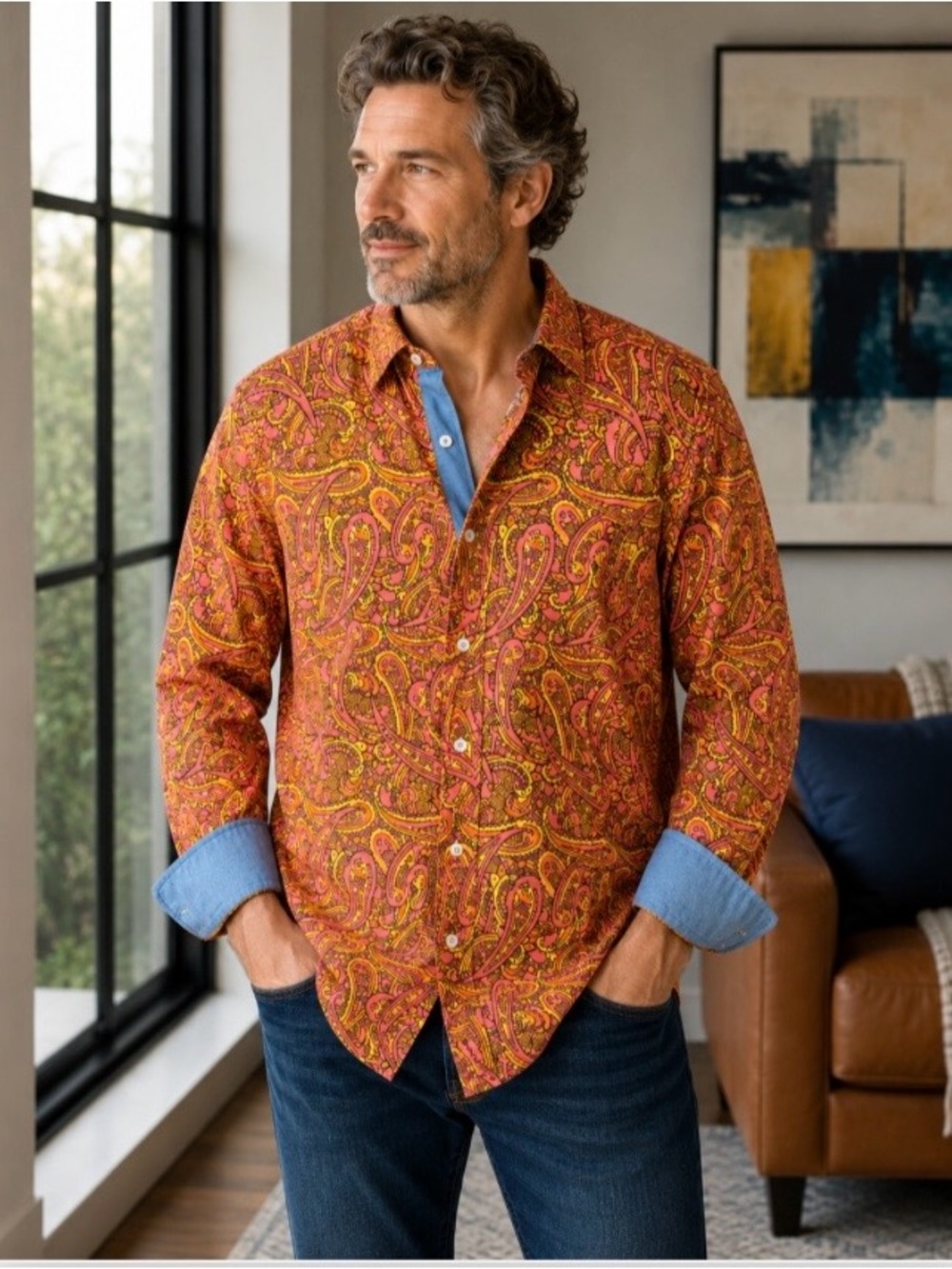 NWT Cremieux Mens XL Button Up Shirt Orange Gold Pink Paisley Stretch Cotton